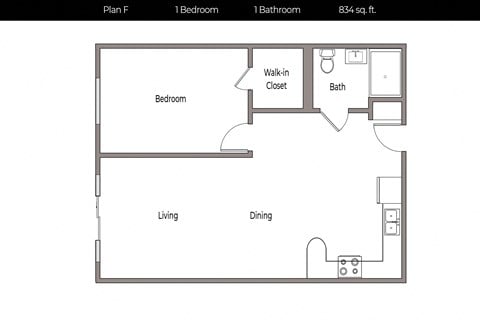 Floor plan for 1 bed, 1 bath, 834 sqft